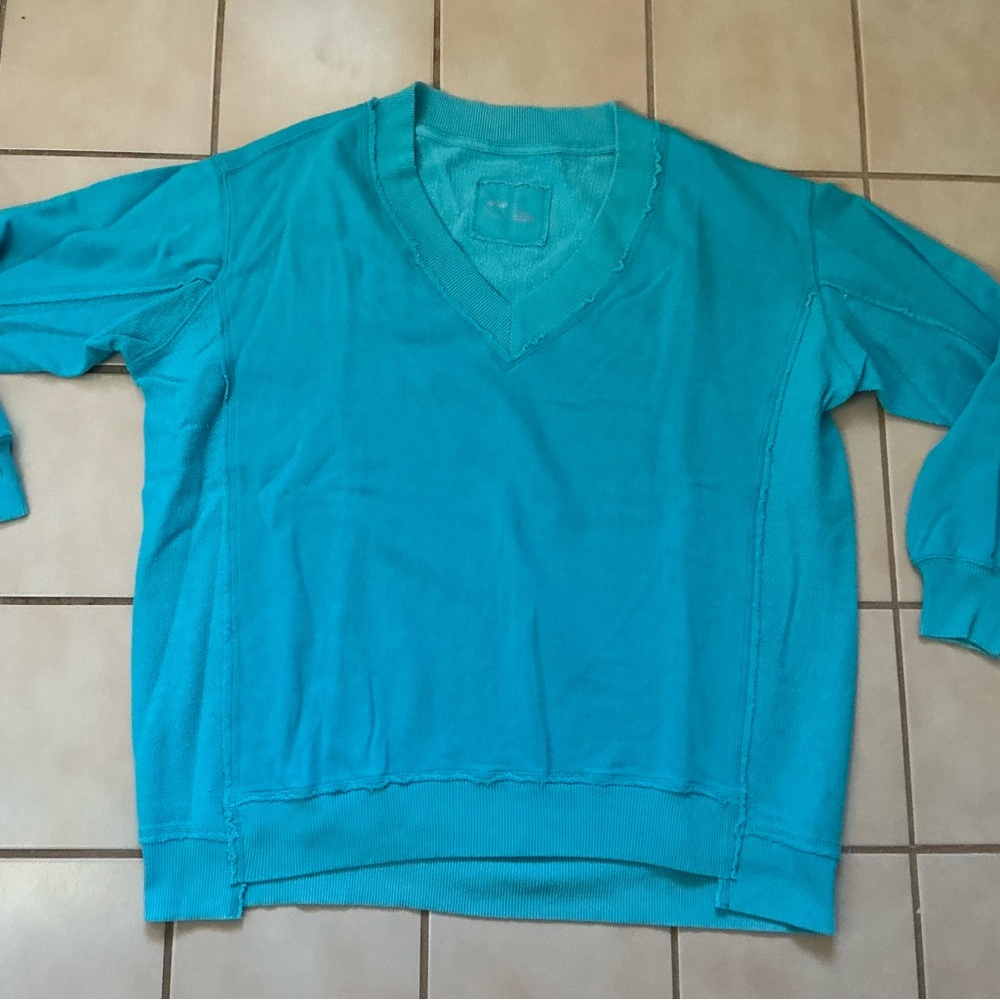 AERIE Vacay Everyday Oversized V-Neck Sweatshirt in Bright Aqua Sz XS NWT!